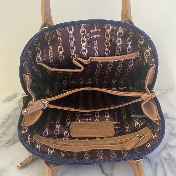 Tignanello Mini Dome Leather Bag Satchel Top Handles Mini Tote Cobalt Blue Tan - Picture 8 of 11